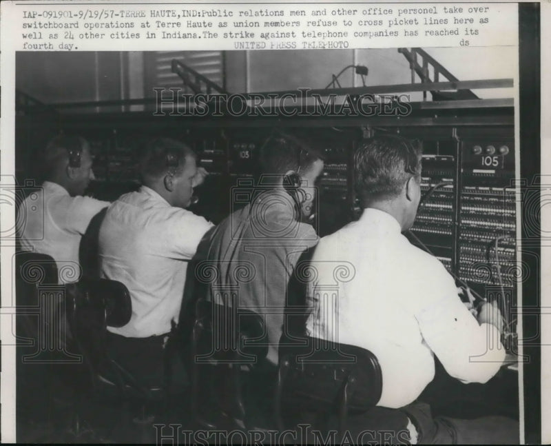 Load image into Gallery viewer, 1957 Press Photo Public Relations Men Take Over Switchboards Due To Union Strike
