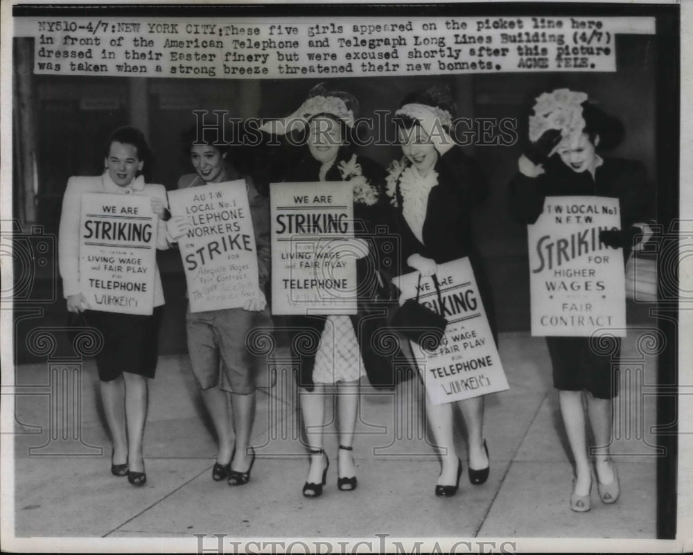 1947 Press Photo 5 girls in Easter Finery while on strike at ATTLL Building