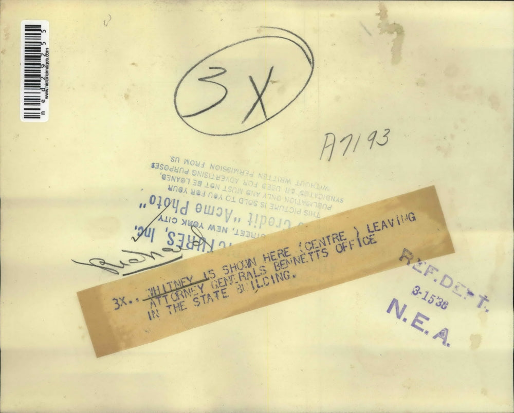 1938 Press Photo Richard Whitney Leaving Attorney Generals Bennetts Office