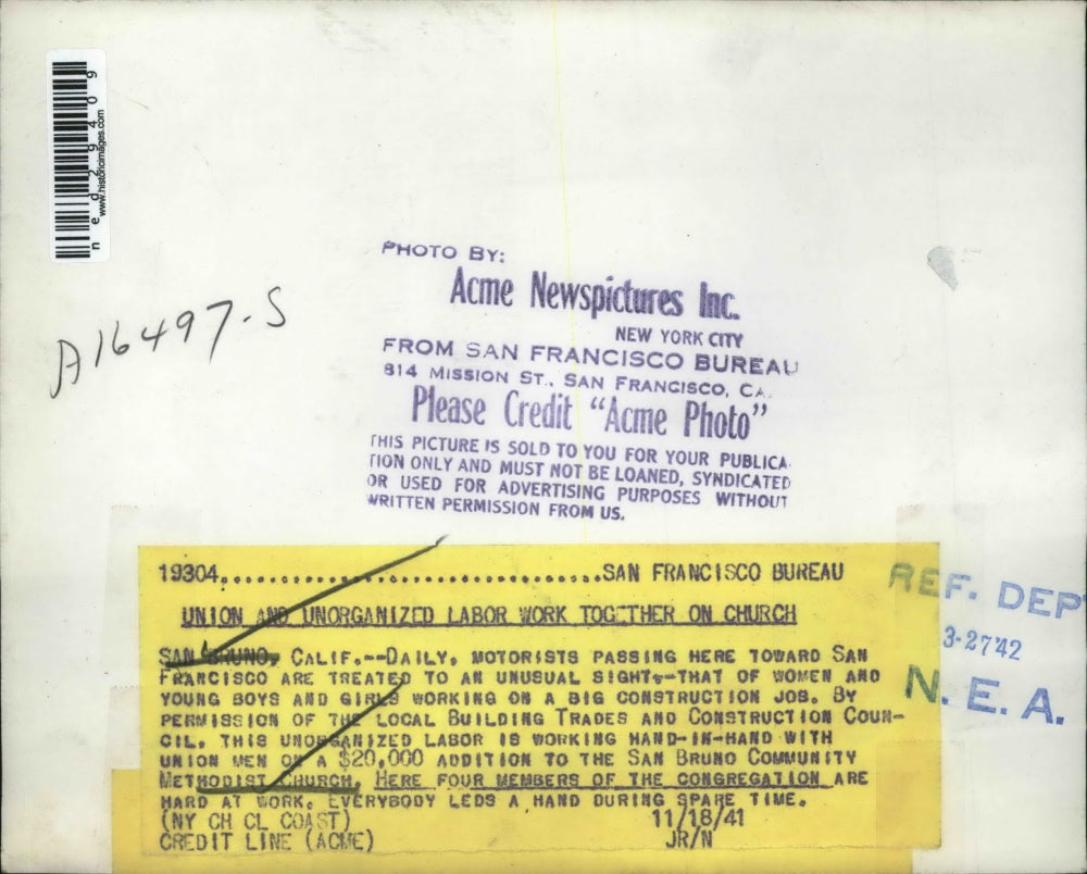 1941 Press Photo San Bruno's Methodist Church being built by four members