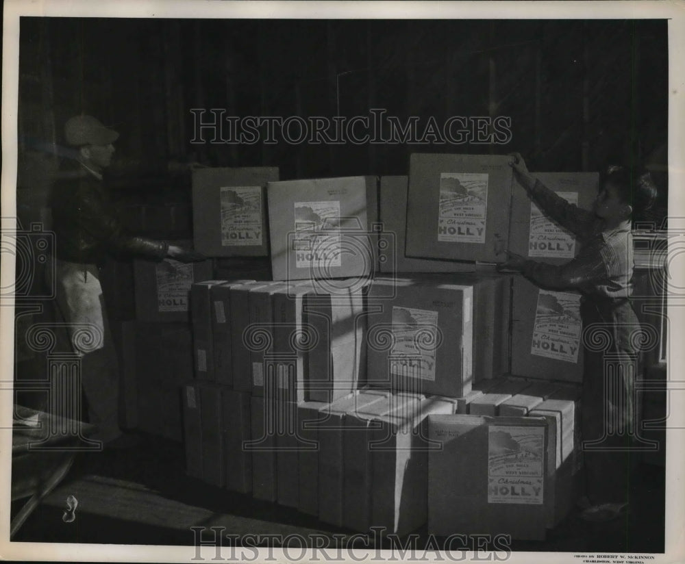 1946 Press Photo C. McClung &amp; schoolboy helper stack packages of holly wreaths