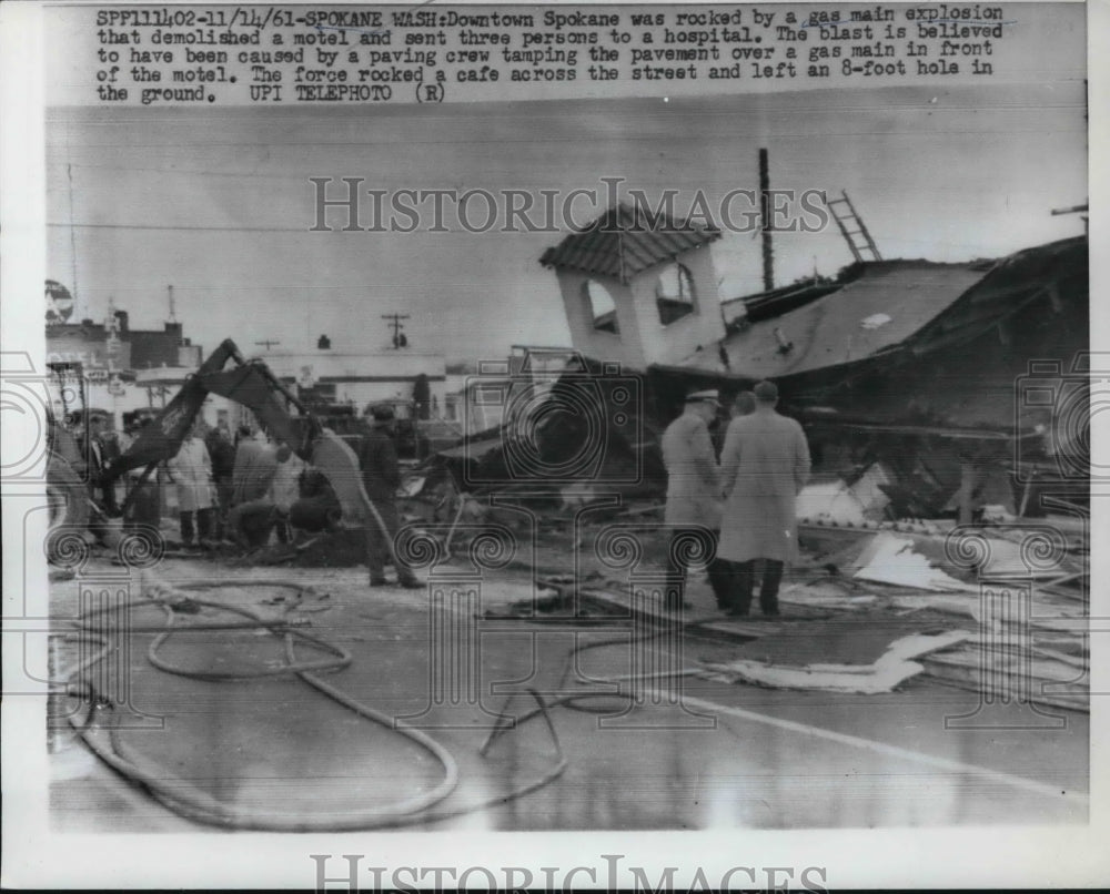 1961 Press Photo Downtown Spokane devastated by gas main explosion