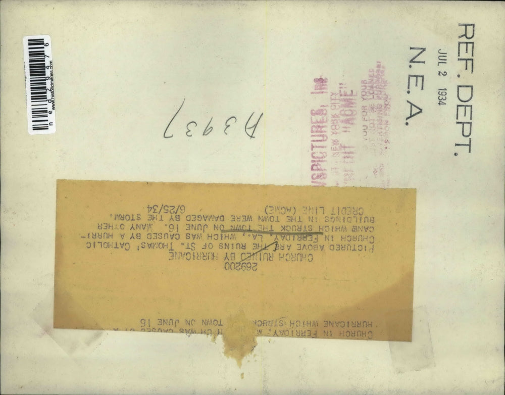 1934 Press Photo St. Thomas' Cathloic Church in Ferriday, L.A. after hurricane