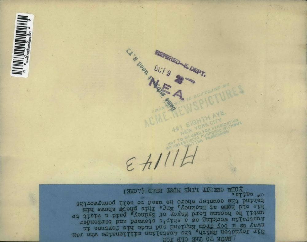 1928 Press Photo Sir Joynston Smith, Australian millionaire, pays visit to home