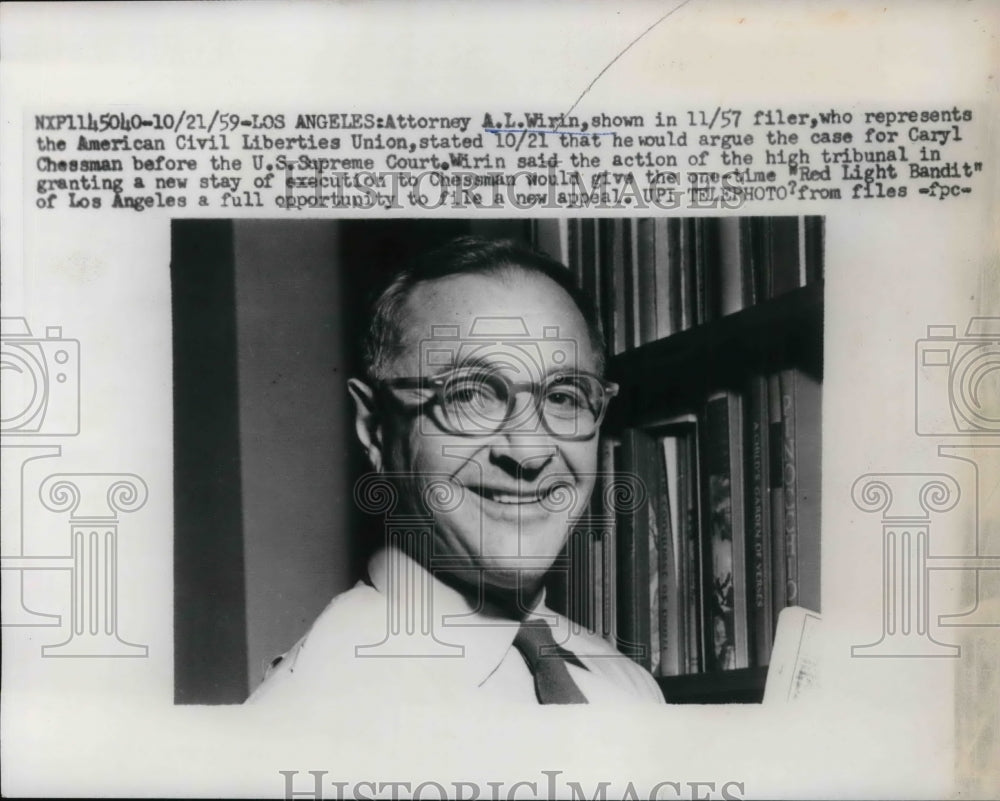 1959 Press Photo A.L. Wirin, representative of American Civil Liberties Union
