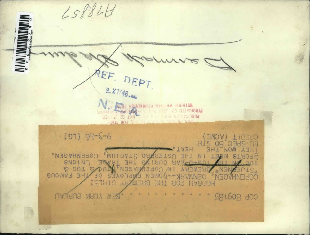 1946 Press Photo Copenhagen Women employees of St Hernen Brewey tug and tug and