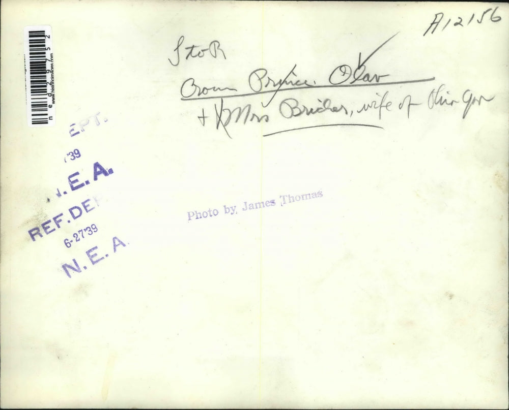 1939 Press Photo Crown Prince Olav and Mrs. Bricher, wife of Ohio governor.