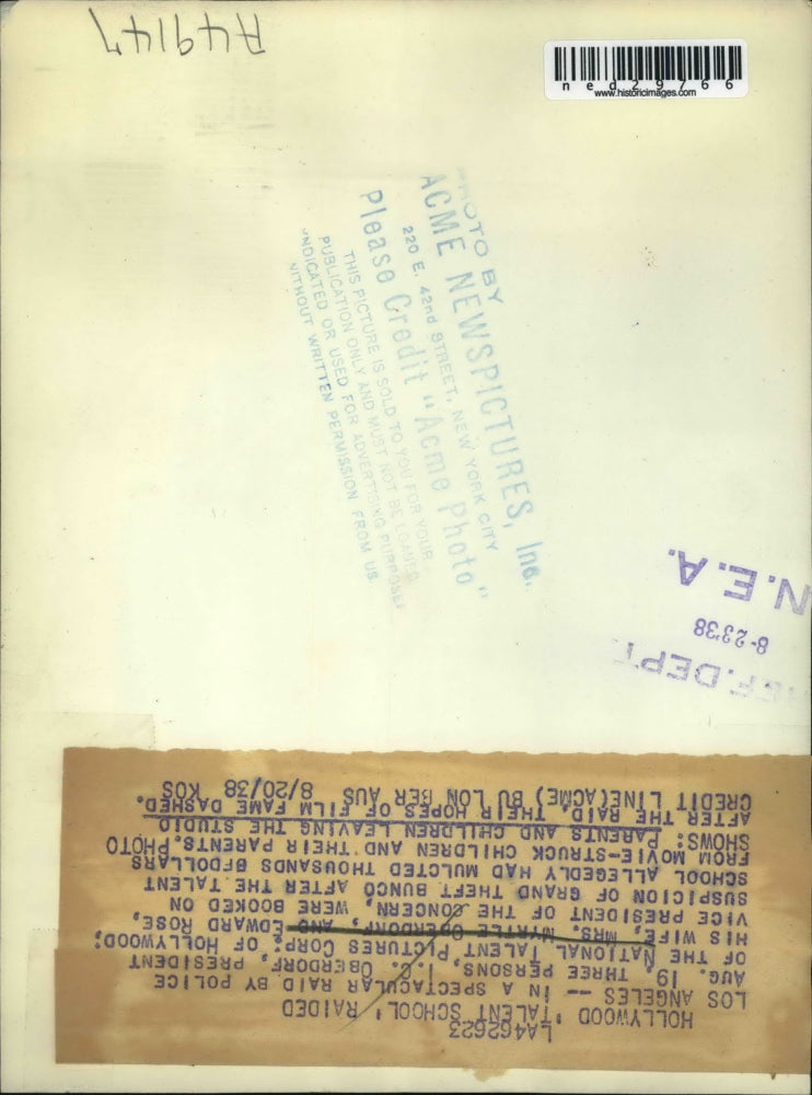 1938 Press Photo Police Raid and Book 3 Members of National Talent Pictures Corp