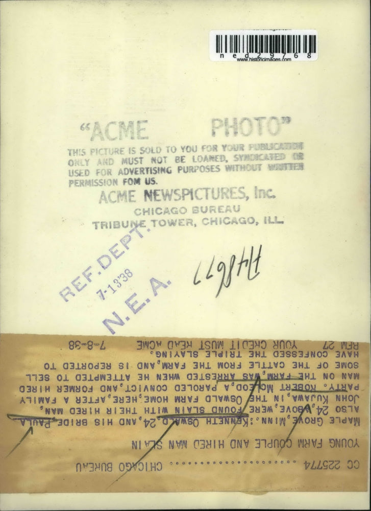 1938 Press Photo Kenneth Oswald and Bride Paula Slain Along with Hired Help