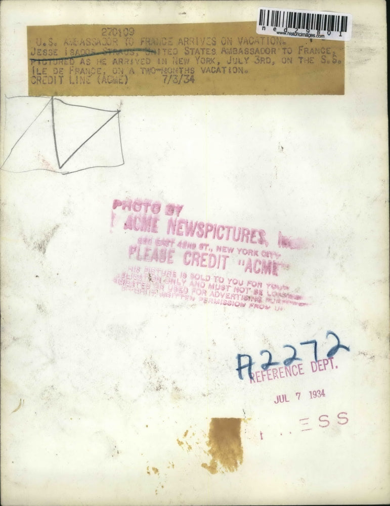 1934 Press Photo Jesse Isadore Straus U S Ambassador to France arrived in