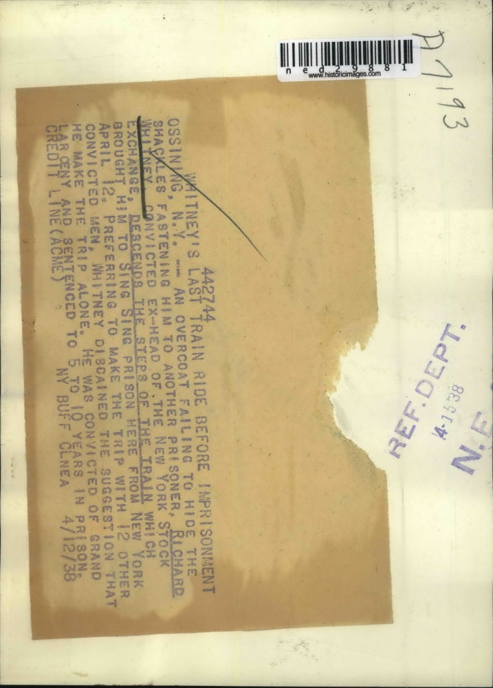 1938 Press Photo Richard Whitney's Last Train Ride Before Imprisonment