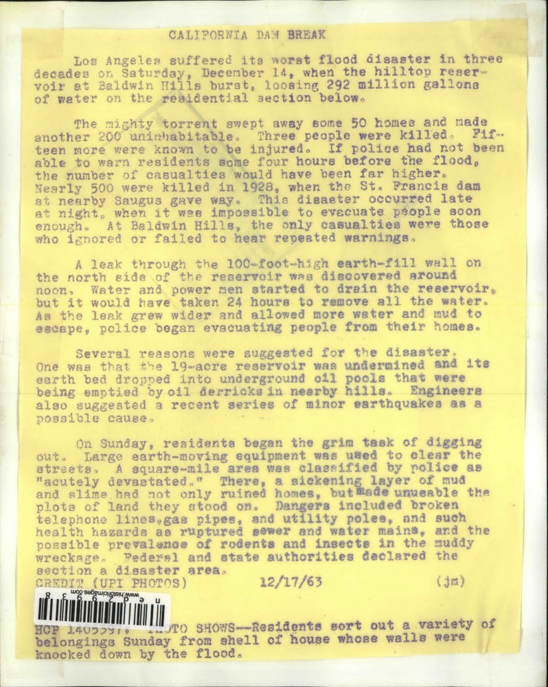 1963 Press Photo Los Angeles suffered its worst flood disaster in