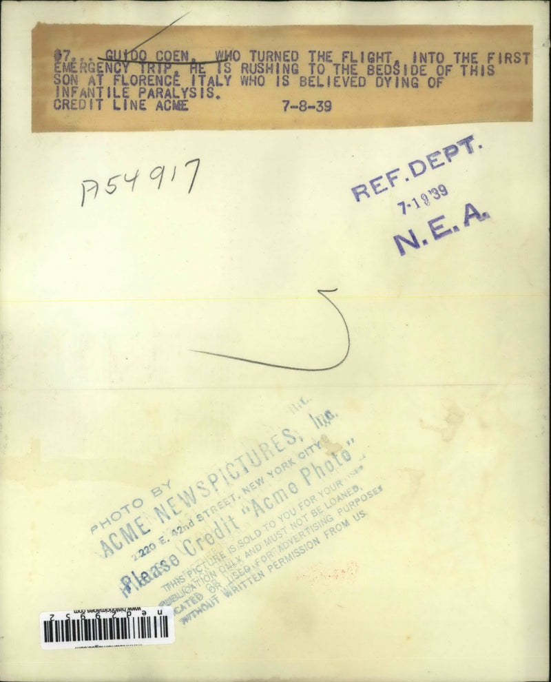 Load image into Gallery viewer, 1939 Press Photo Guido Coen who took emergency flight to see dying infant
