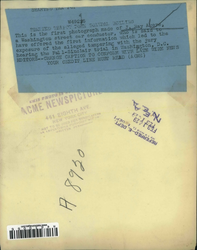 1929 Press Photo 1st phot of J Ray Akers a Washington street car conductor who