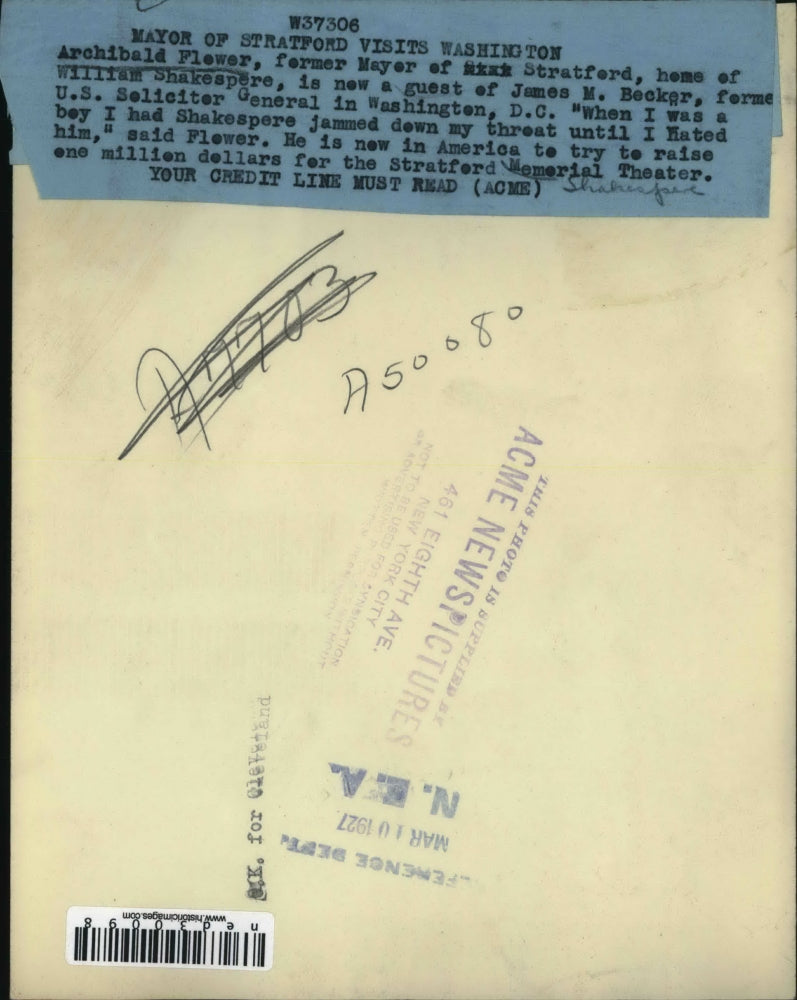 1927 Press Photo Archibald FLower former mayor of Stratford, home of Shakespere