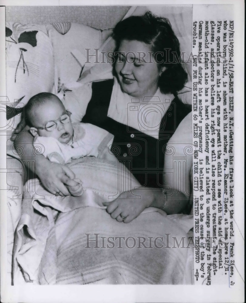 1958 Press Photo Mother and Frank Ziese Jr. Born Blind with Special Aid Glasses