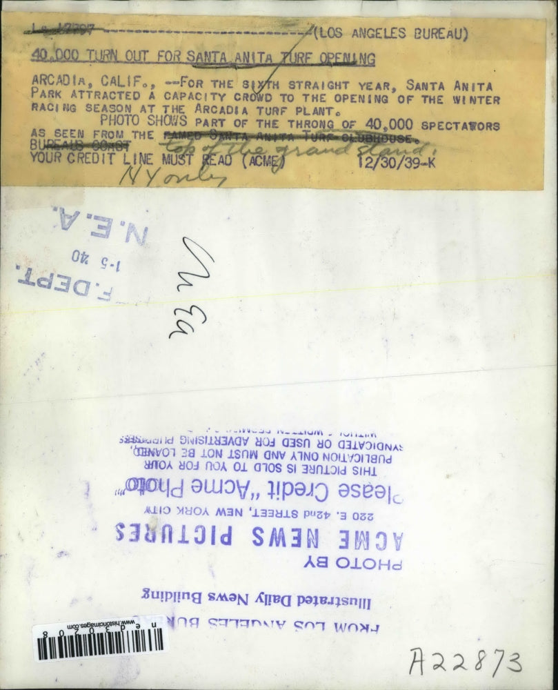 1939 Press Photo Santa Anita Park Attracted Capacity Crowd To Racing Season