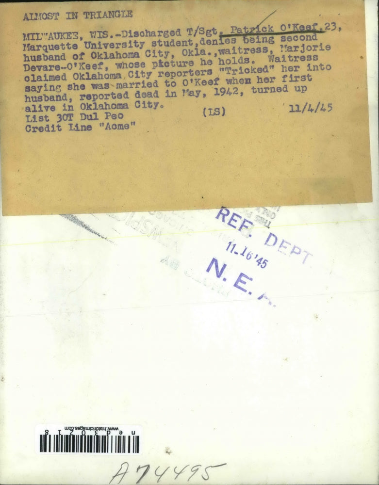 1945 Press Photo Patrick O'Keef Denies Being Second Husband Of Marjorie O'Keef