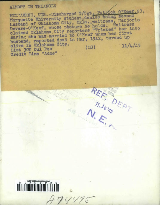 1945 Press Photo Patrick O'Keef Denies Being Second Husband Of Marjorie O'Keef