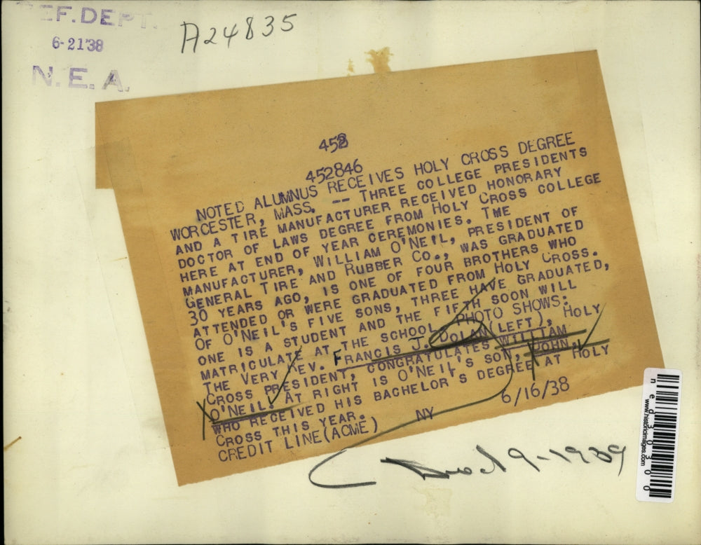 1938 Press Photo Francis J. Dolan, William O'Neil Receive Holy Cross Degrees