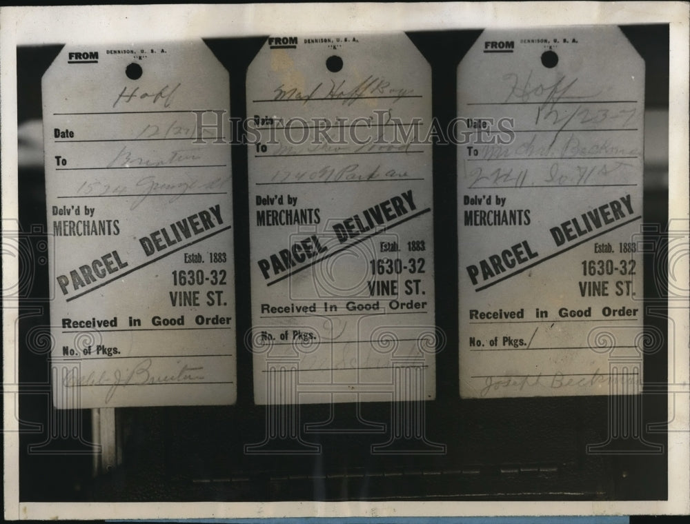 1926 Press Photo Parcel Delivery Tags in Philadelphia