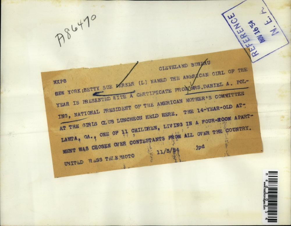 1954 Press Photo Betty Sue Parker Named American Girl of the Year