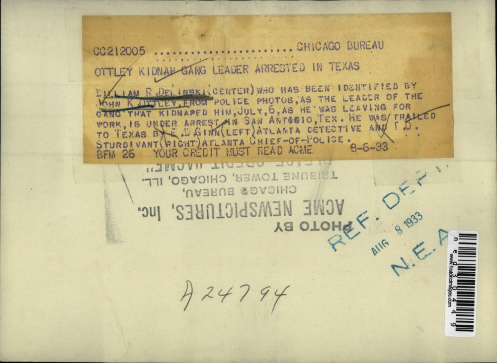 1933 Press Photo William R. Delinski indentified by J.K. Ottley as gang leader