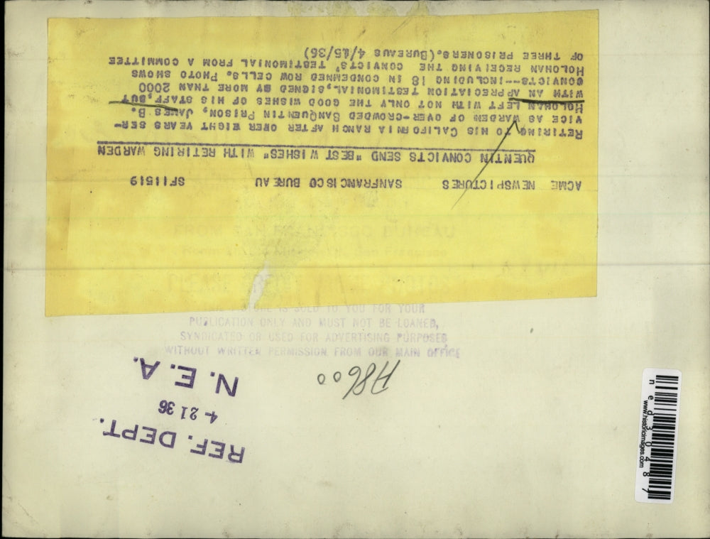 1936 Press Photo San Quentin Prison Warden Receives Well-Wishes from Convicts