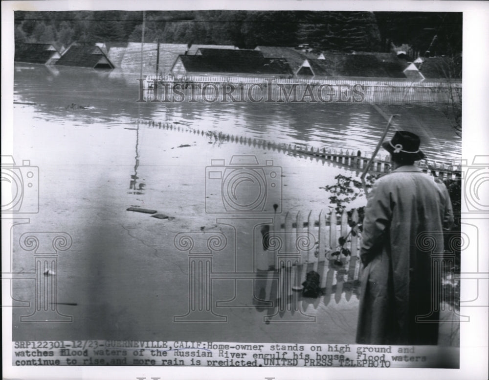 1955 Press Photo Guerneville Calif a home owner stands on high ground and