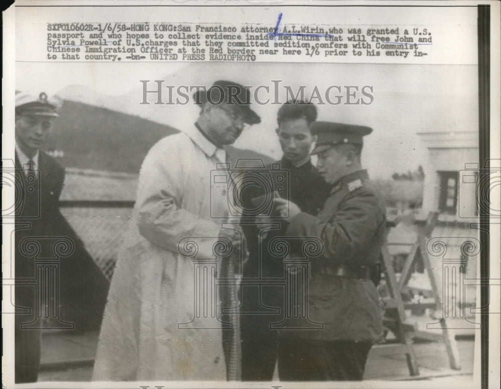 1958 Press Photo Attorney A.L. Wirin inside China to free John & Sylvia Powell