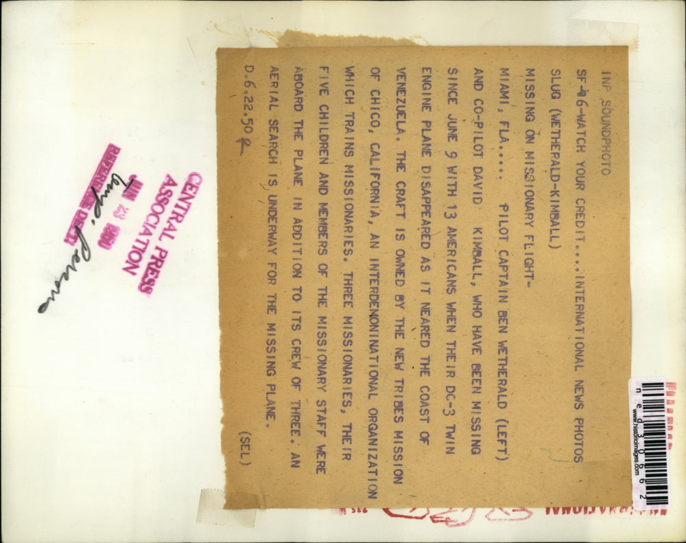 1950 Press Photo Pilot Captain Ben Wetherald & Co-Pilot David Kimball missing