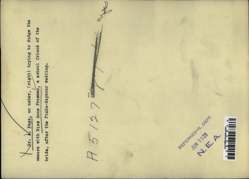 1929 Press Photo Mr. A. Page ushers Miss A. Freeman after Fiske-Seymore wedding