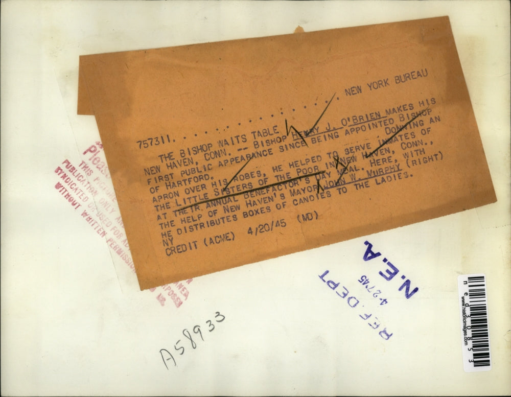 1945 Press Photo Bishop Henry J. O'Brein Serving "Little Sisters of the Poor"