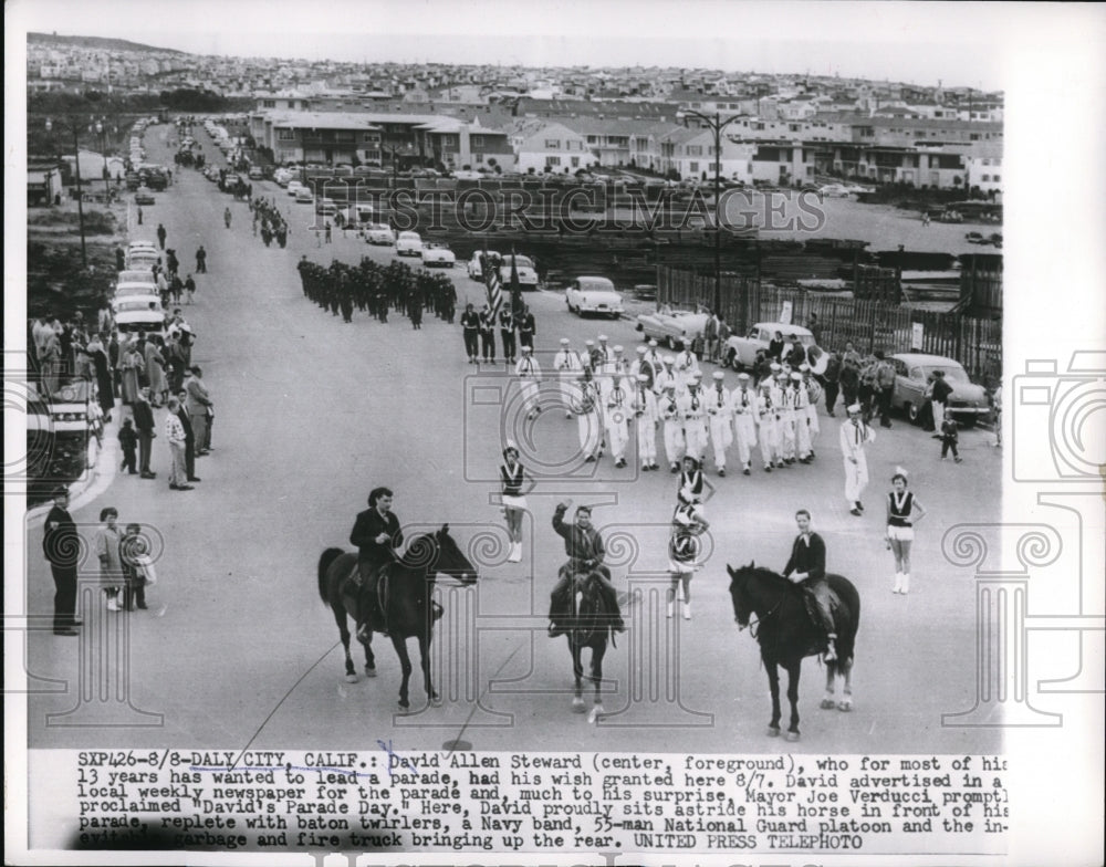 1954 Press Photo David Allen Steward Leading "David's Parade Day" Parade
