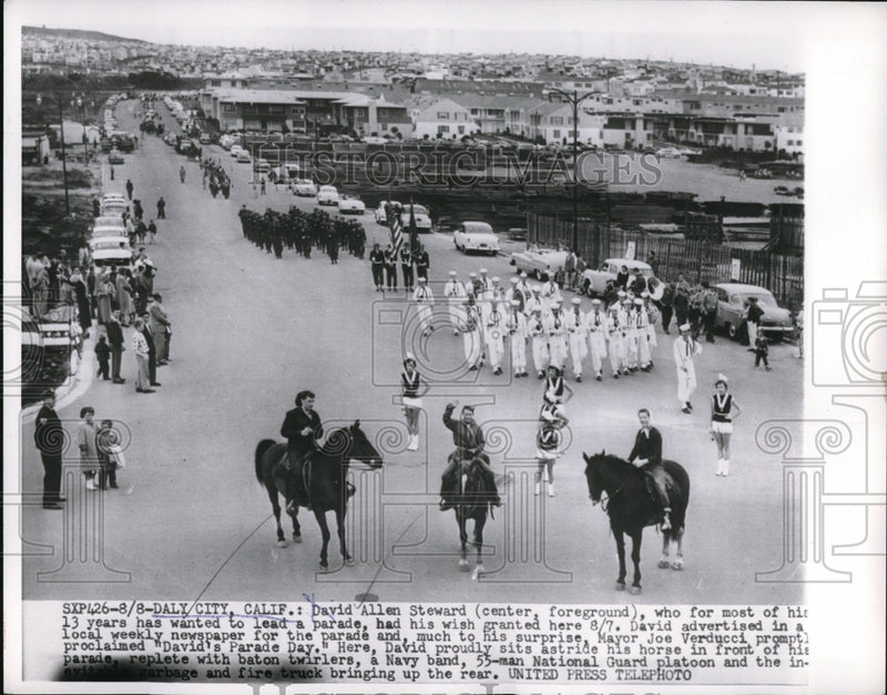 Load image into Gallery viewer, 1954 Press Photo David Allen Steward Leading "David's Parade Day" Parade

