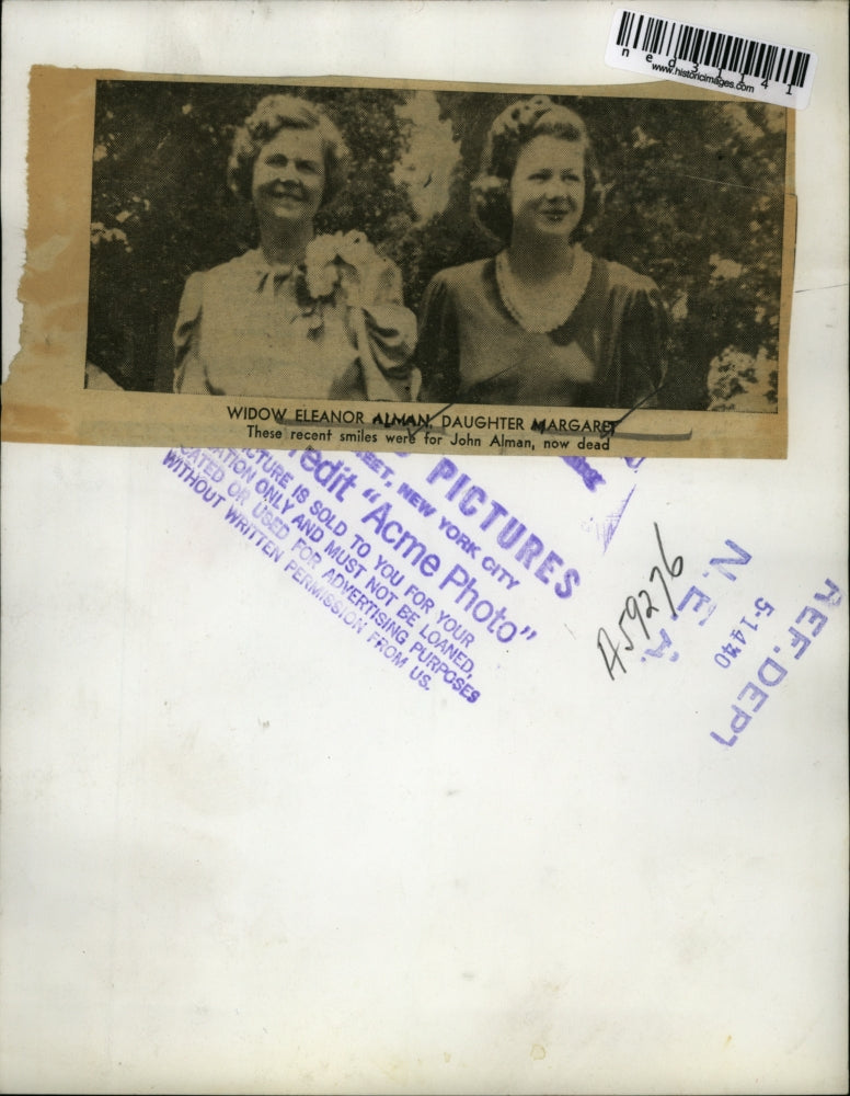 1940 Press Photo Widow Eleanor Alman and daughter Margaret