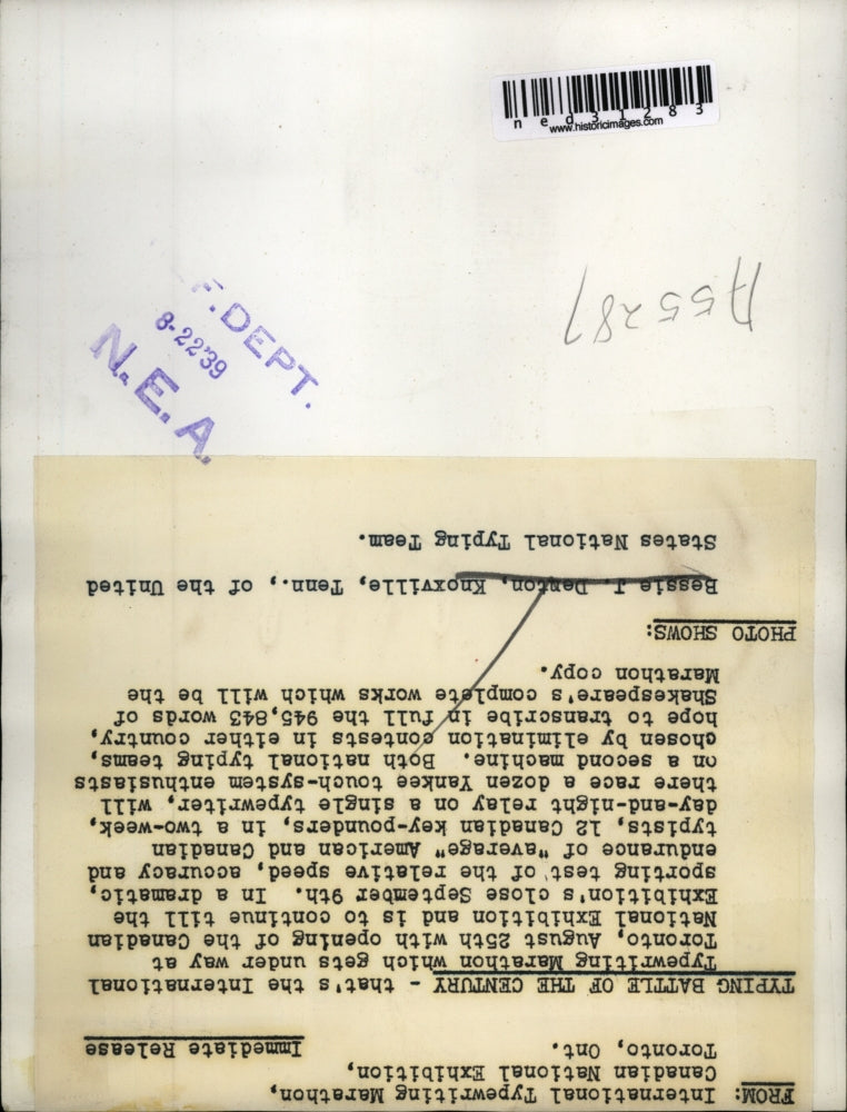 1939 Press Photo Bessie Denton of the United States National Typing Team