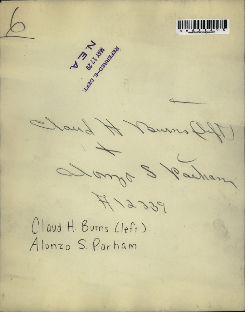 1929 Press Photo Claud H Burnsfelft and Alonza S Parkham