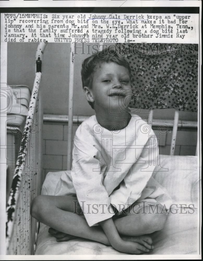 1957 Press Photo Johnny Derrick Recovers From Dog Bite on The Eye