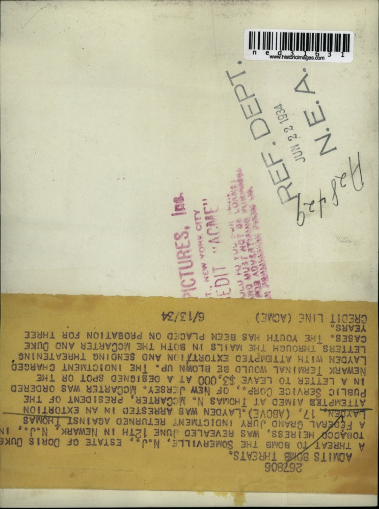 1934 Press Photo Thomas Layden Arrested For Bomb Threats