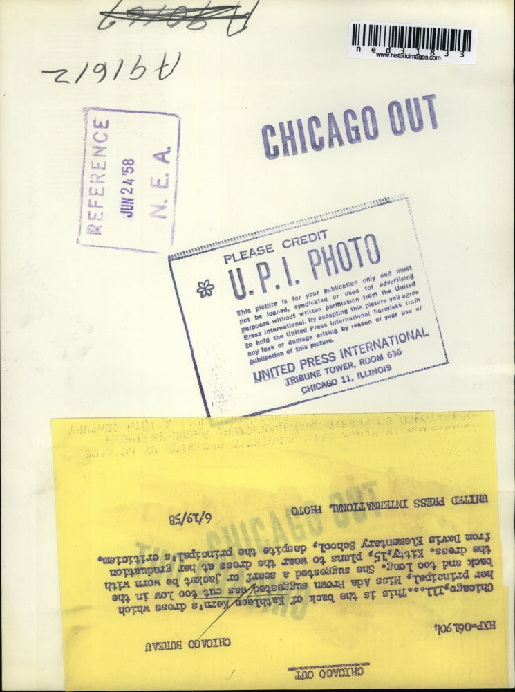 Load image into Gallery viewer, 1958 Press Photo Kathleen Kern, dress which her principal, Miss Ada Brown
