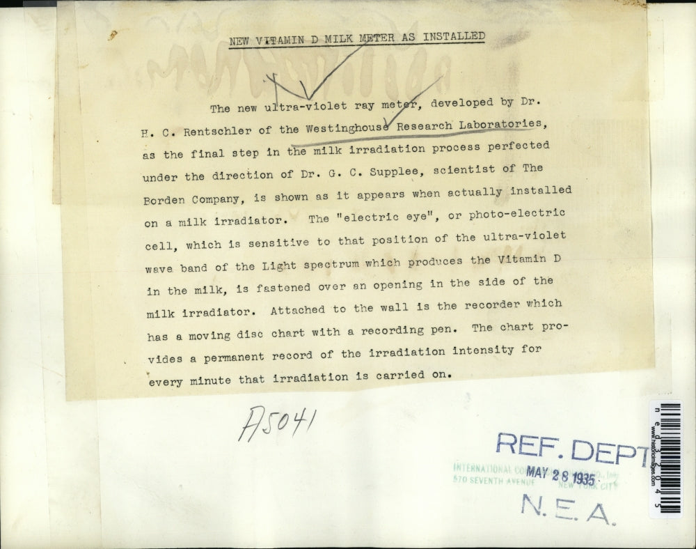 1935 Press Photo The new ultra-violet ray meter developed by Dr HC Rentschler