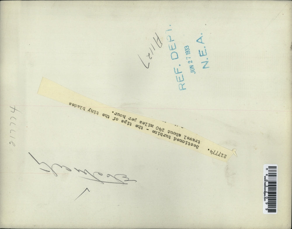 1933 Press Photo Sectioned Turbine, The Tiny Blades Travel About 240 mph