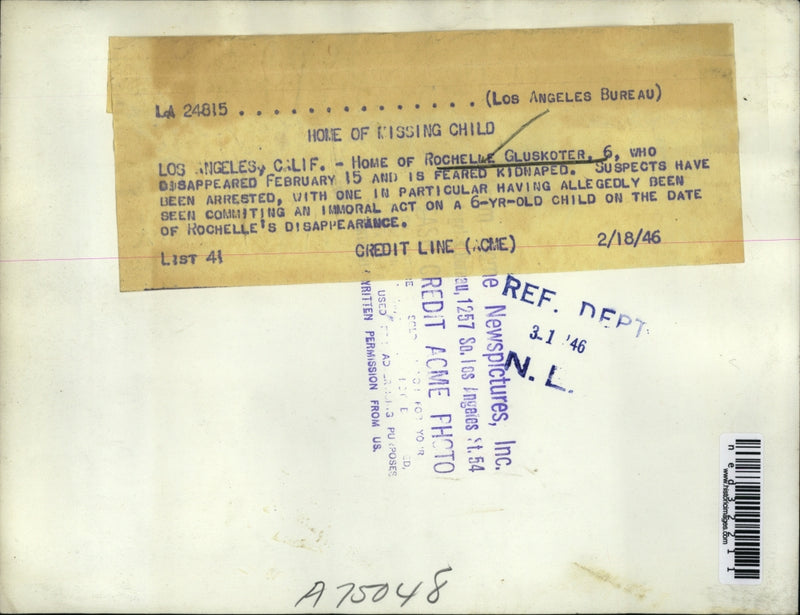 Load image into Gallery viewer, 1946 Press Photo Rochelle Gluskoter Was Kidnapped Here
