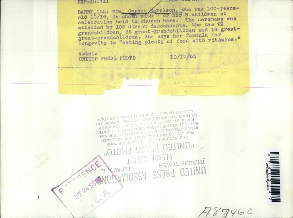 1955 Press Photo Mrs Cerena Mereleon, who was 100-years-old is shown