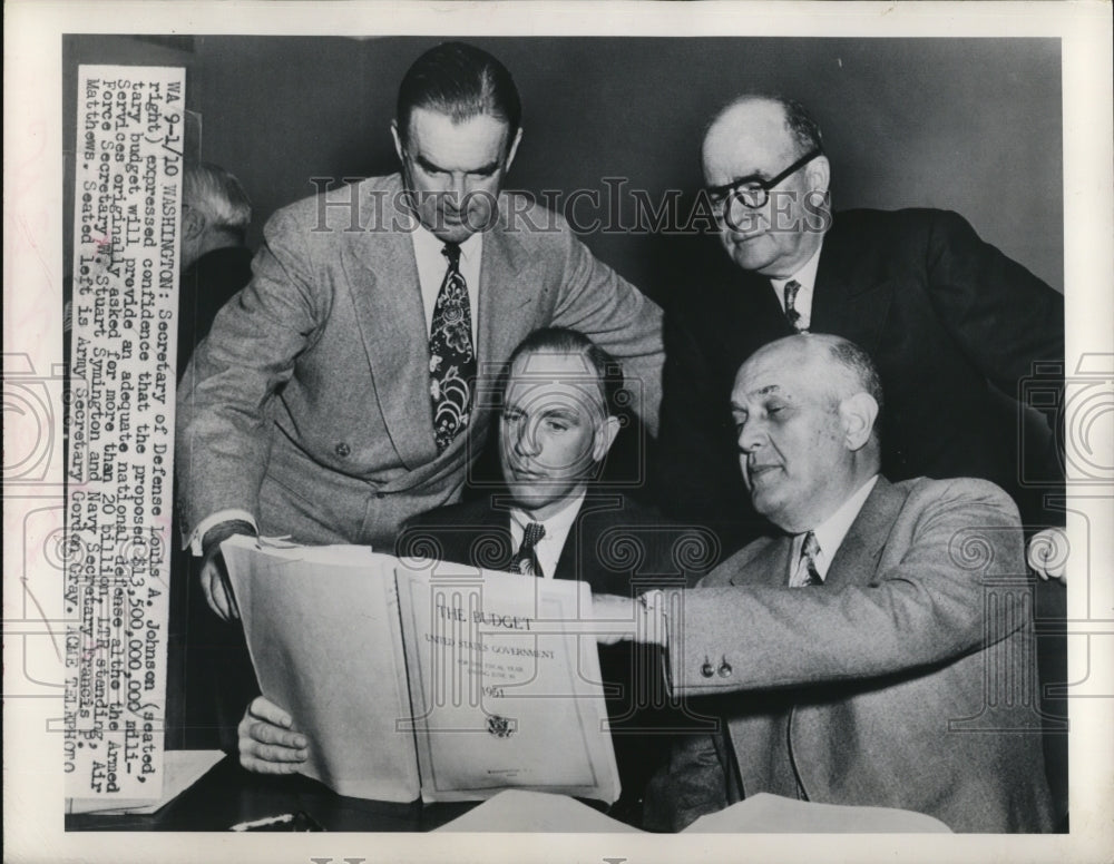 1950 Press Photo Louis A Johnson Sec.of Defense in propesed budget for Defense.