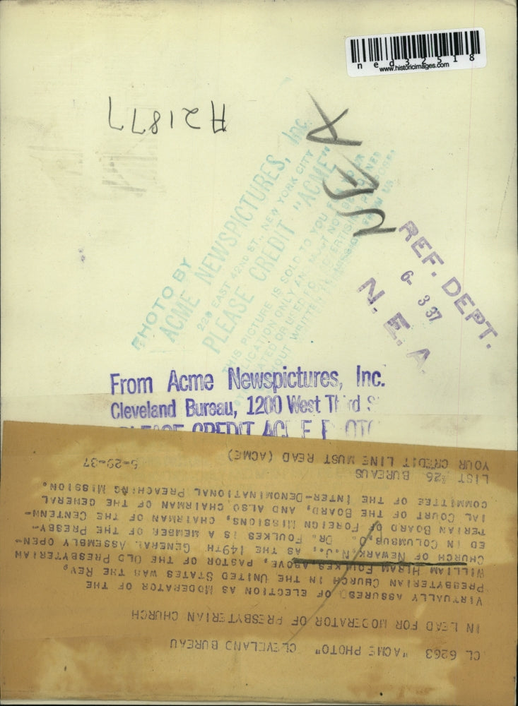 1937 Press Photo In lead of moderator of Presbyterian church William Hiram