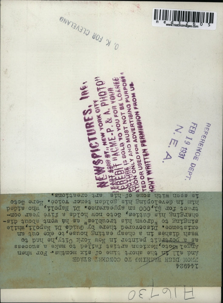 1931 Press Photo When Mexican artist Angel Soto failed to make a success as a