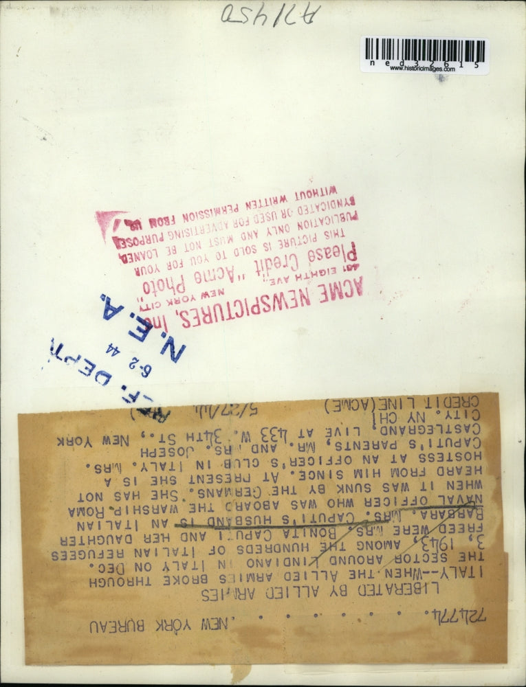 1944 Press Photo Among hundreds of refugees freed were Mrs Bonita Caputi and her