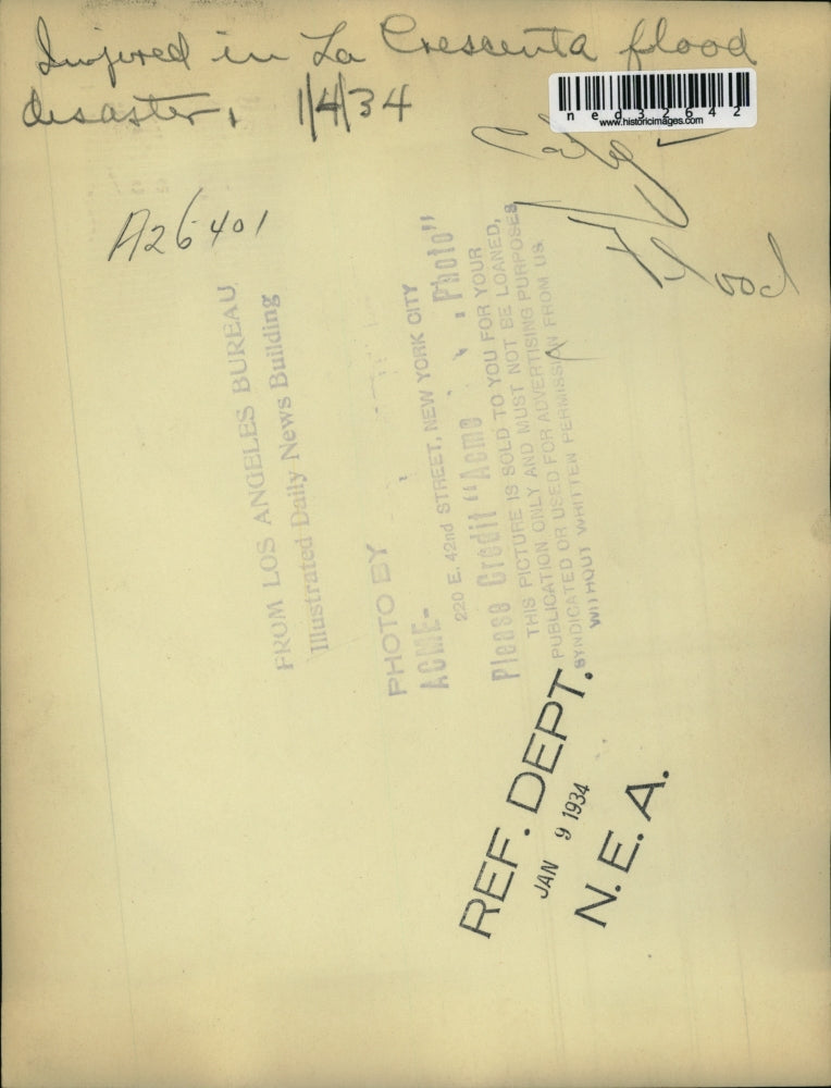 1934 Press Photo Injured in La Crescenta flood